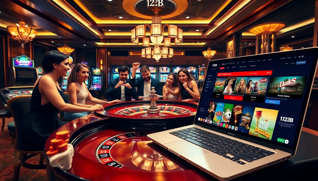 Players enjoying a vibrant casino setting featuring the 123B online gambling platform.