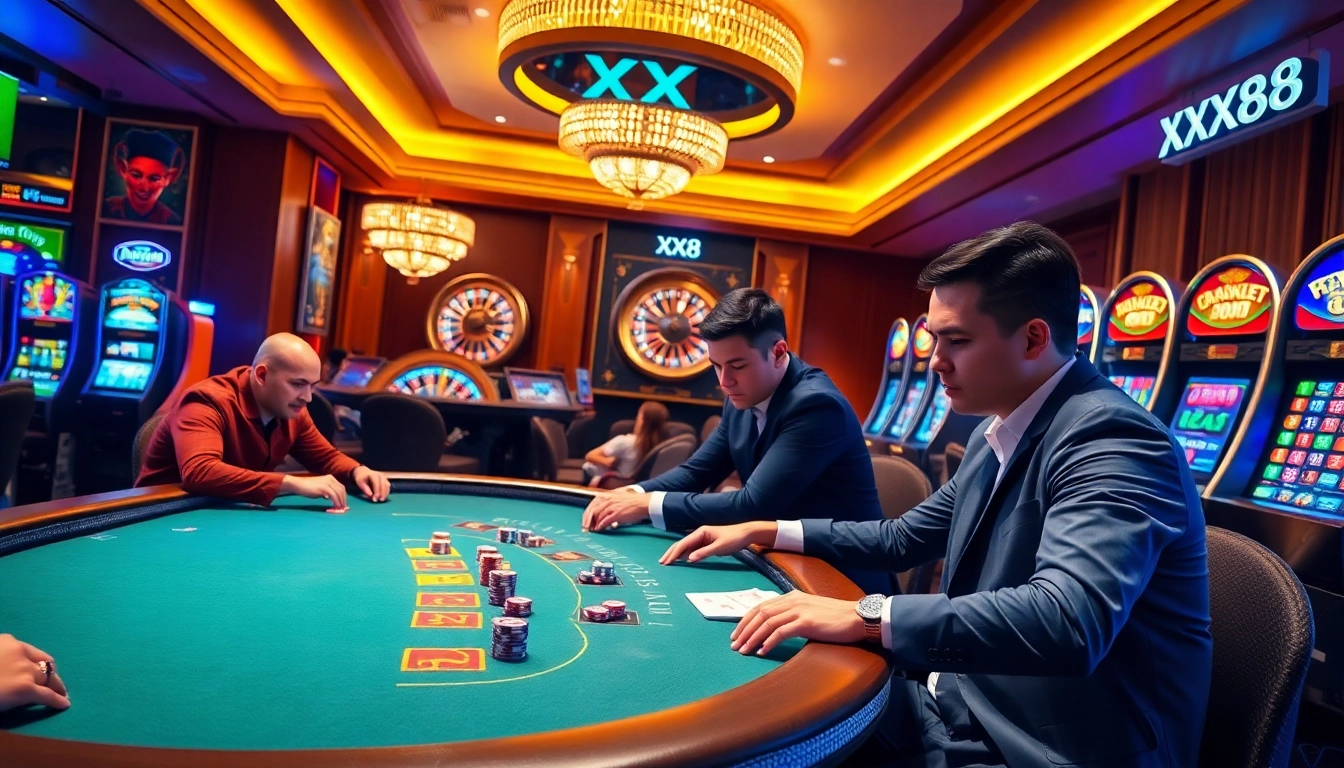 Experience thrilling gameplay at XX88's luxurious casino environment with poker, roulette, and slot machines.