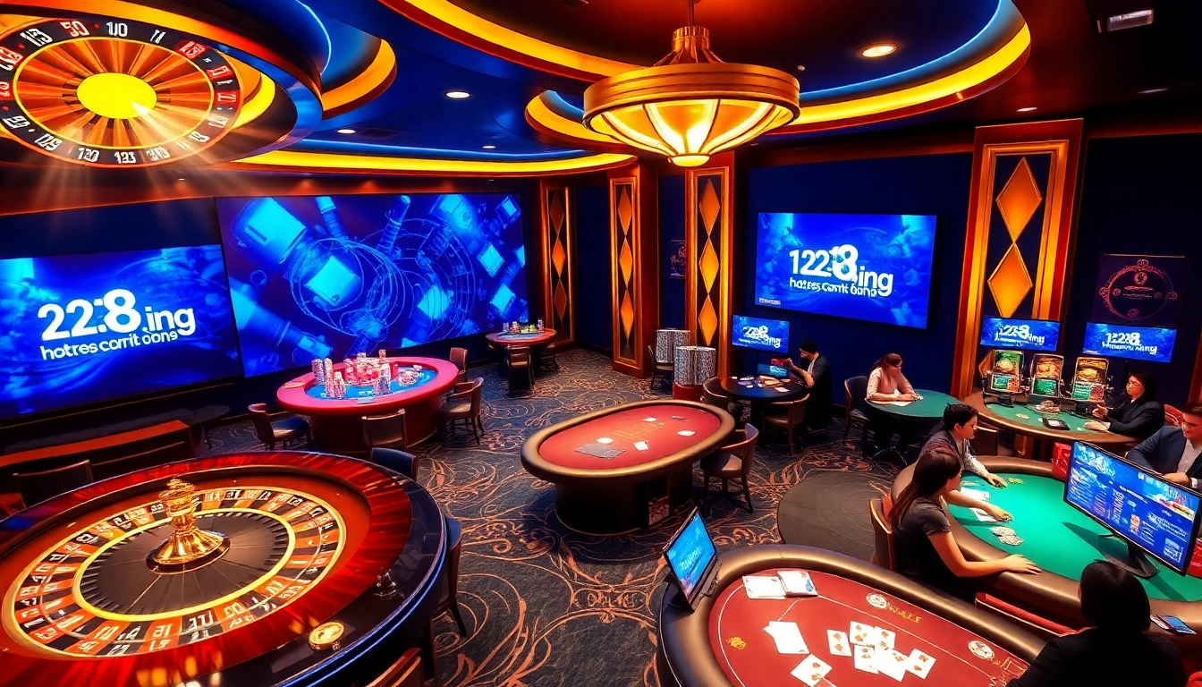 Exciting casino scene featuring https://123b.ing/ with roulette, poker tables, and joyful players celebrating a win.