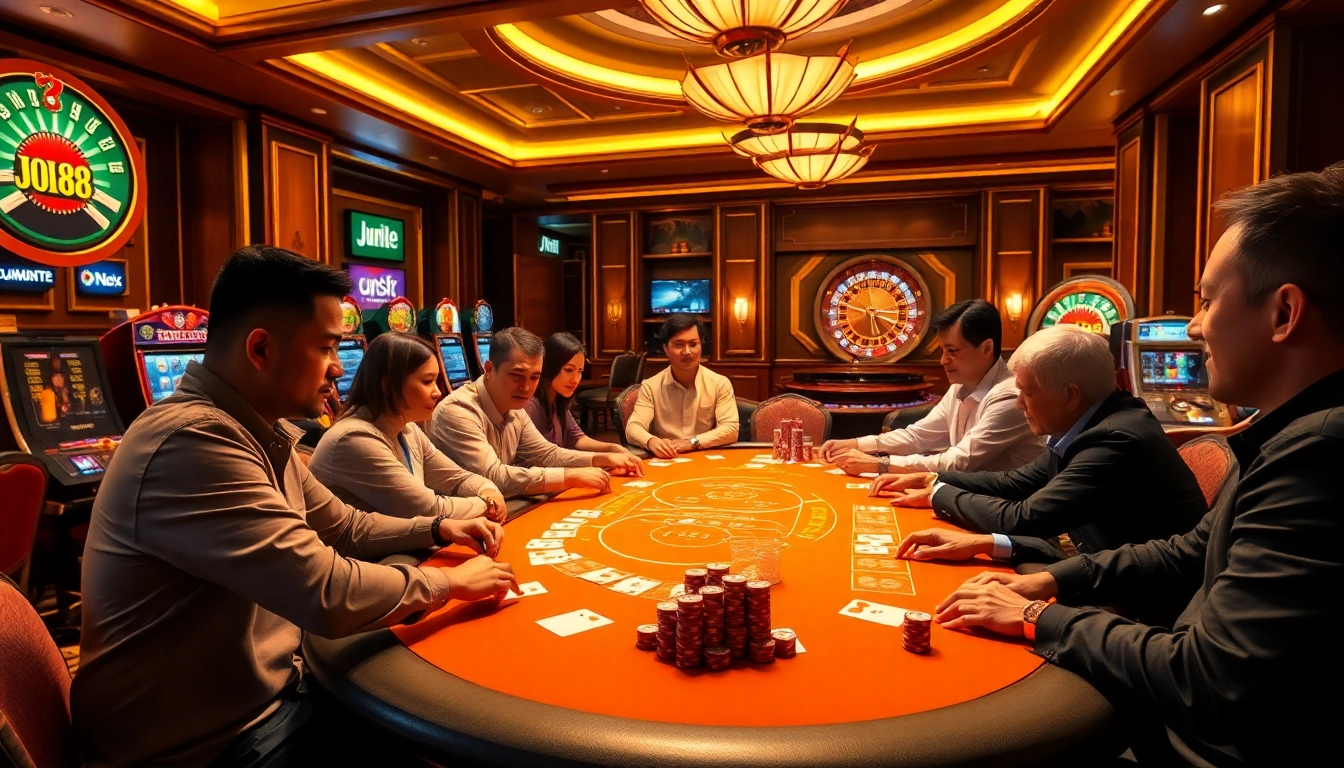 Engaged players at a jun888 poker table enjoying a thrilling game in a luxurious casino setting.