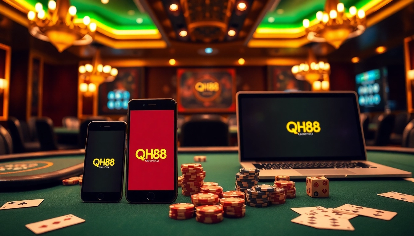 Players engage in exciting online gaming at qh88 casino, surrounded by vibrant poker and betting elements.