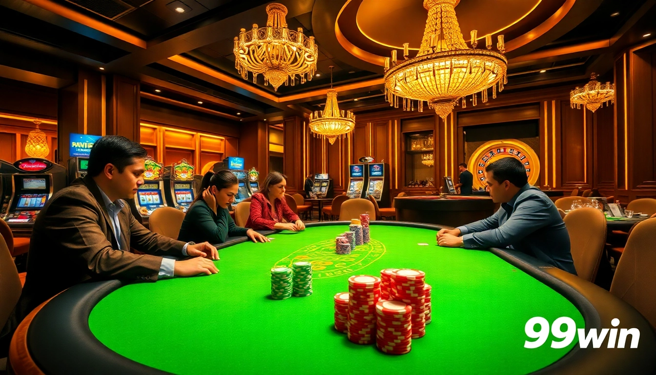 Engaged players at the 99win poker table in a luxurious casino atmosphere.