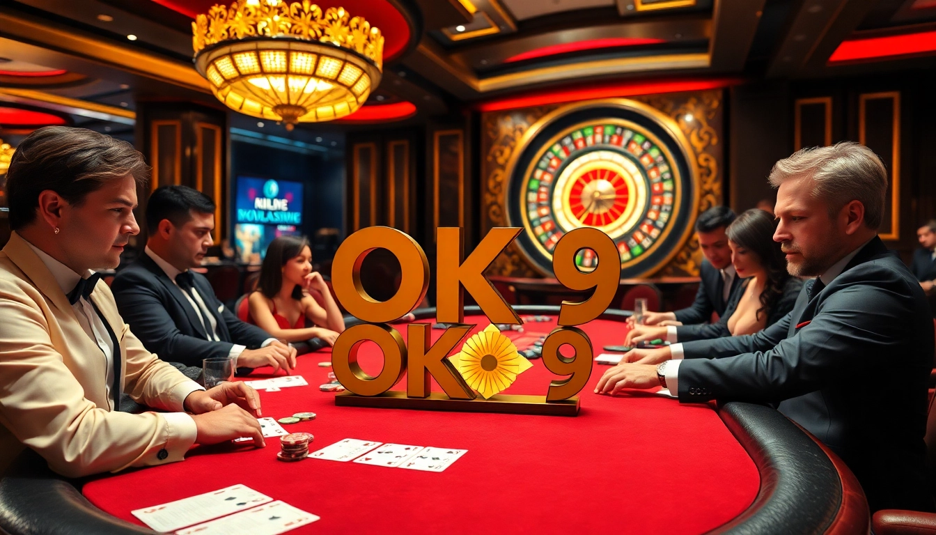 Players at an OK 9 poker table strategizing for a winning hand in a vibrant casino.