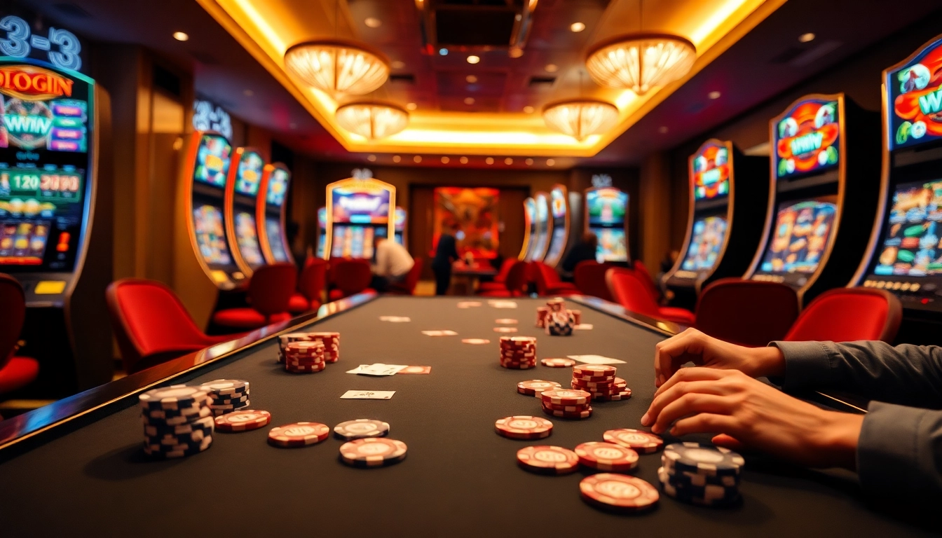 33win players enjoying a luxurious casino gaming experience with vibrant slot machines and a stylish poker table.