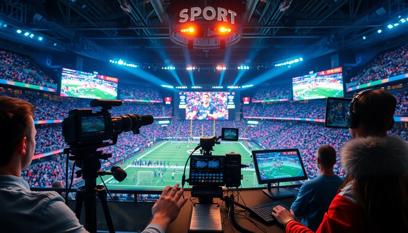 Engaging sports broadcasting setup showing professional announcers and lively atmosphere in a stadium.