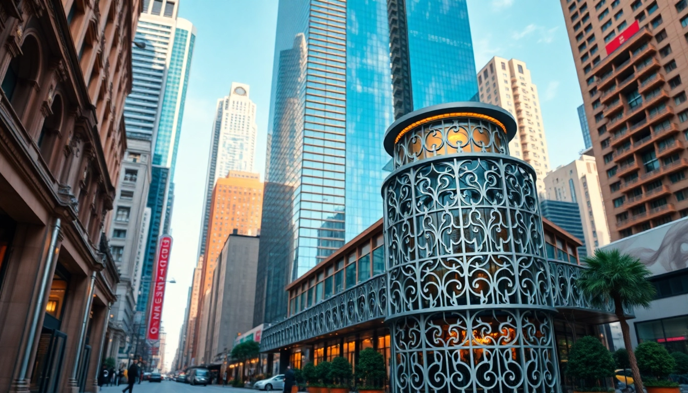 優塔展示在繁華的都市背景中，極具設計感的現代建築。