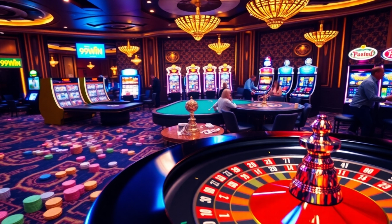 Experience the excitement of high-stakes gambling at 99WIN's luxury casino scene with roulette and poker tables.