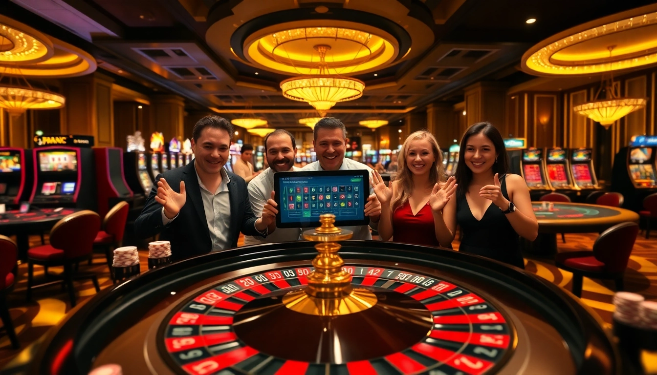 Kuwin casino players celebrating wins at a vibrant roulette table with poker chips and slot machines.