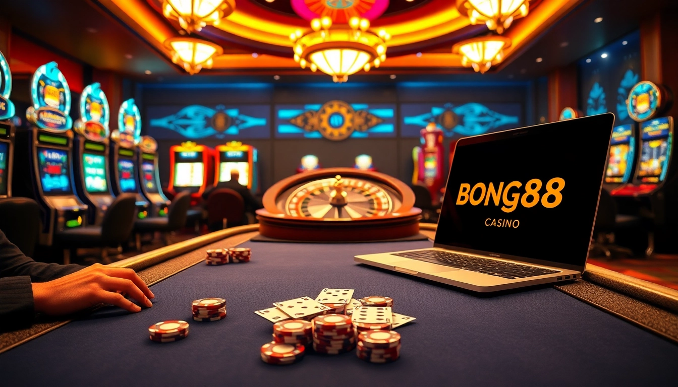 Catch the thrill of high-stakes poker at https://bong88.casa/ showcasing a vibrant casino atmosphere with roulette and slot machines.
