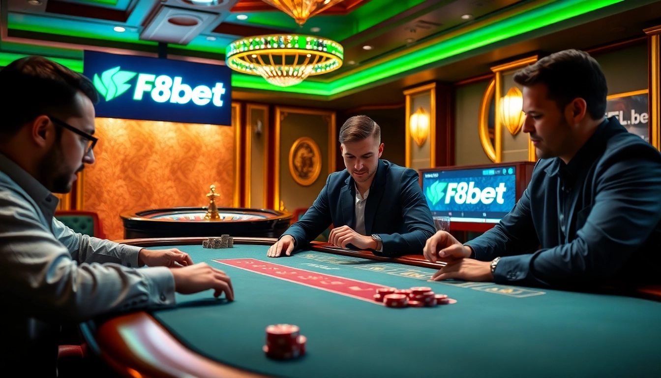 F8bet poker players strategizing at a luxurious casino table filled with chips and excitement.