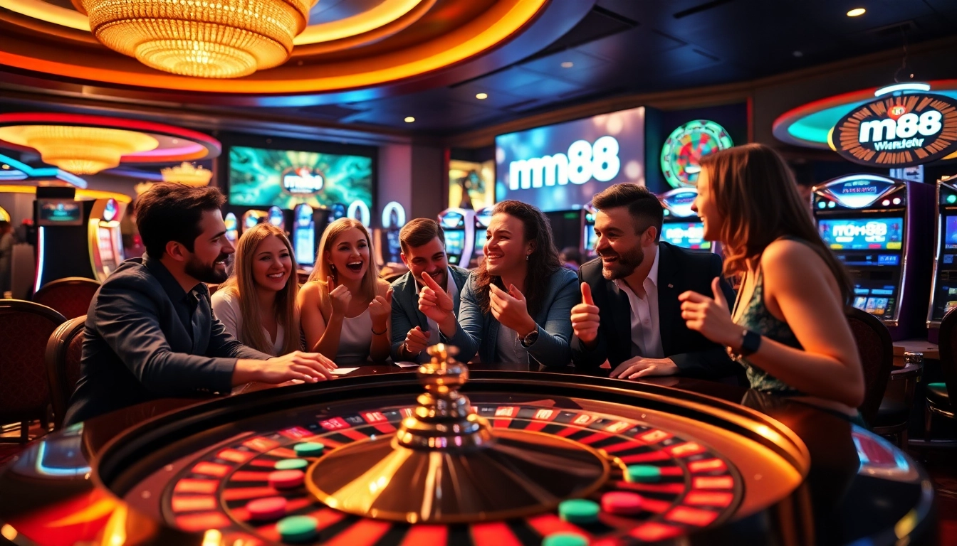 Excited gamblers enjoying a roulette game at mm88 casino, surrounded by vibrant chips and cards.