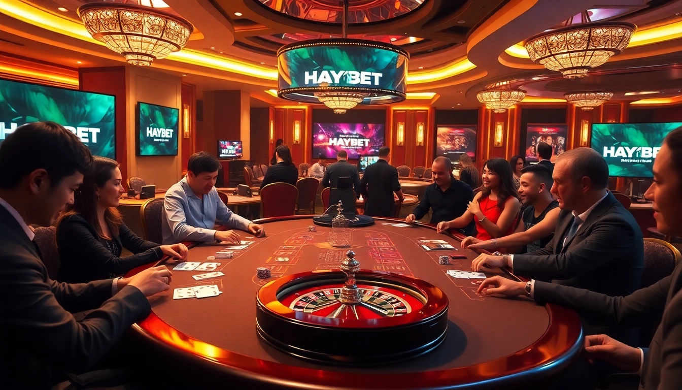 Players enjoying a thrilling game at HAYBET's luxury casino table, celebrating wins and camaraderie.
