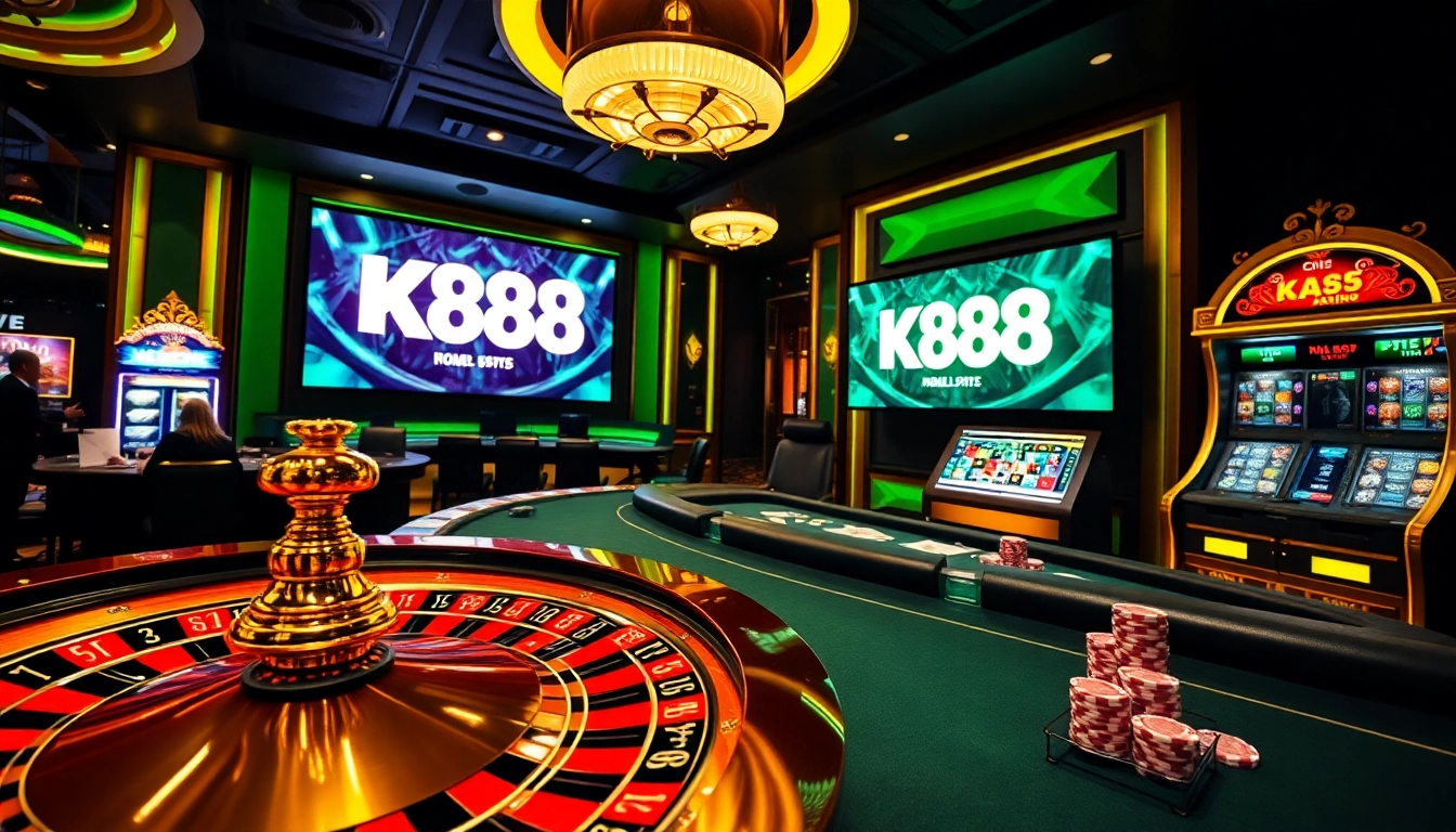 K88 gaming experience with vibrant casino tables, colorful chips, and a professional dealer.