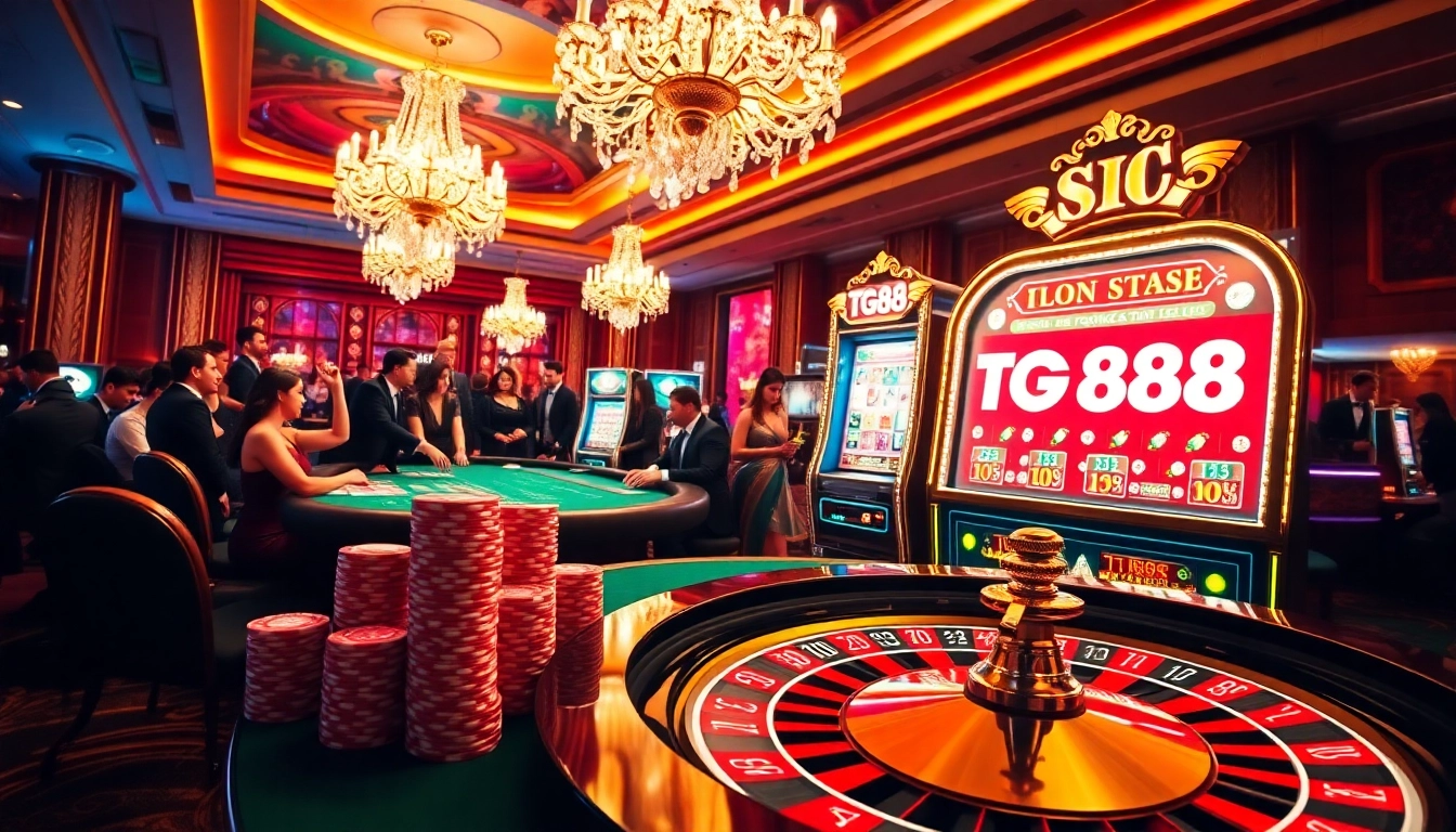 Experience the excitement of gambling at TG88 casino with vibrant tables and slot machines.