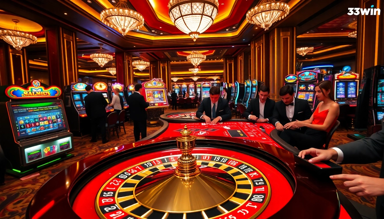 Players enjoying a high-stakes game at 33win casino table with vibrant slot machines and roulette wheel.