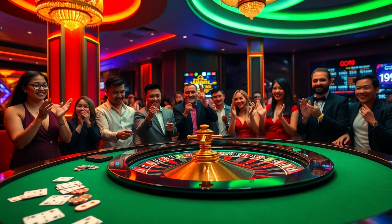 Players enjoying GO99 casino games at a vibrant roulette table filled with excitement.