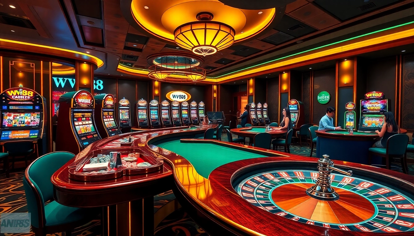 Engaged players enjoying a vibrant casino experience at ww88 with roulette wheels and poker chips.