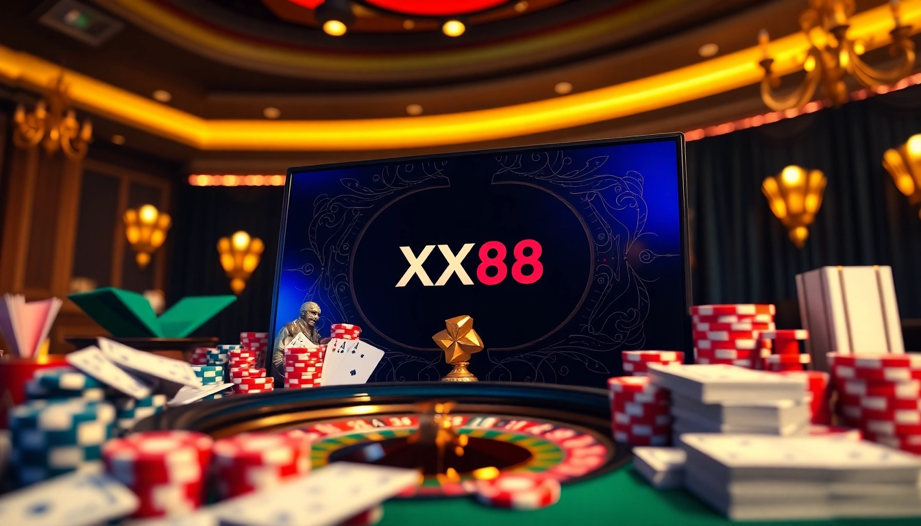 A vibrant online gambling scene featuring nhà cái XX88 with poker chips and a roulette wheel.