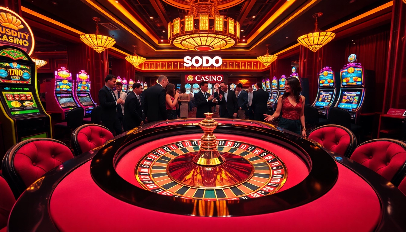 SODO CASINO showcases a lively roulette table amidst vibrant slot machines and poker chips.