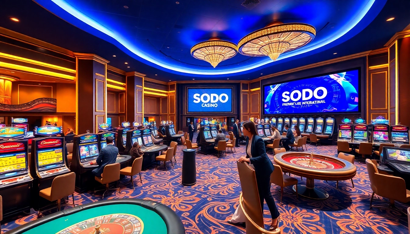 SODO CASINO's luxurious gaming environment featuring slot machines and poker tables