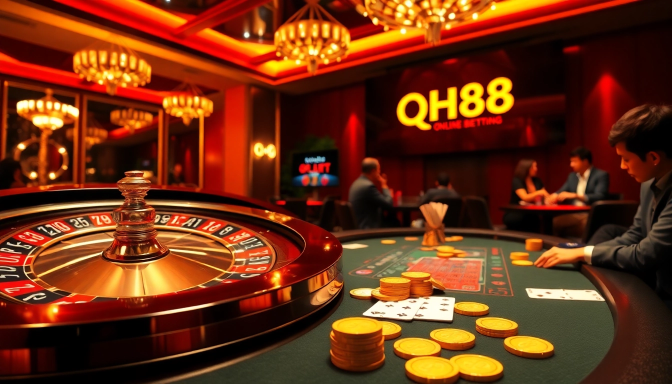 Experience the thrill of qh88 at an upscale casino table with poker chips and cards.