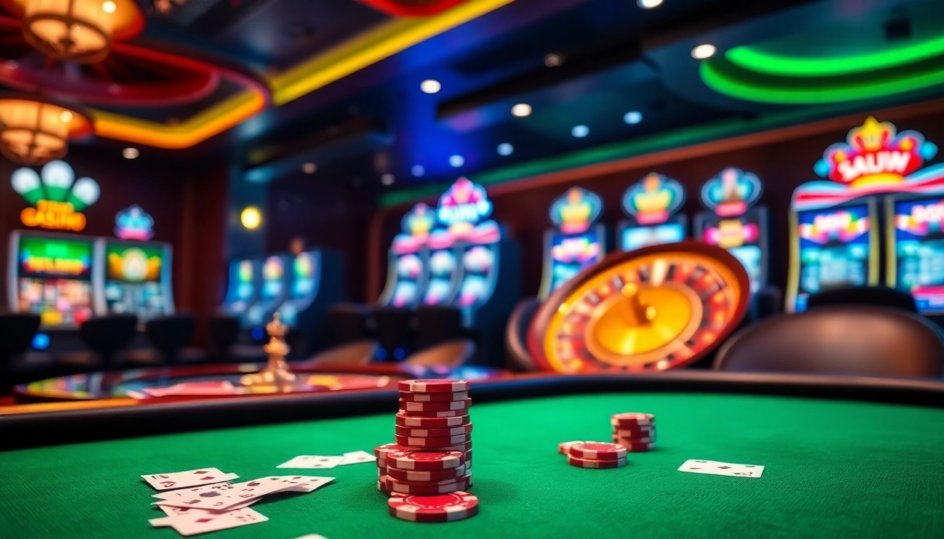 Experience the excitement at 33WIN trang chủ with a vibrant casino atmosphere full of slot machines and poker tables.