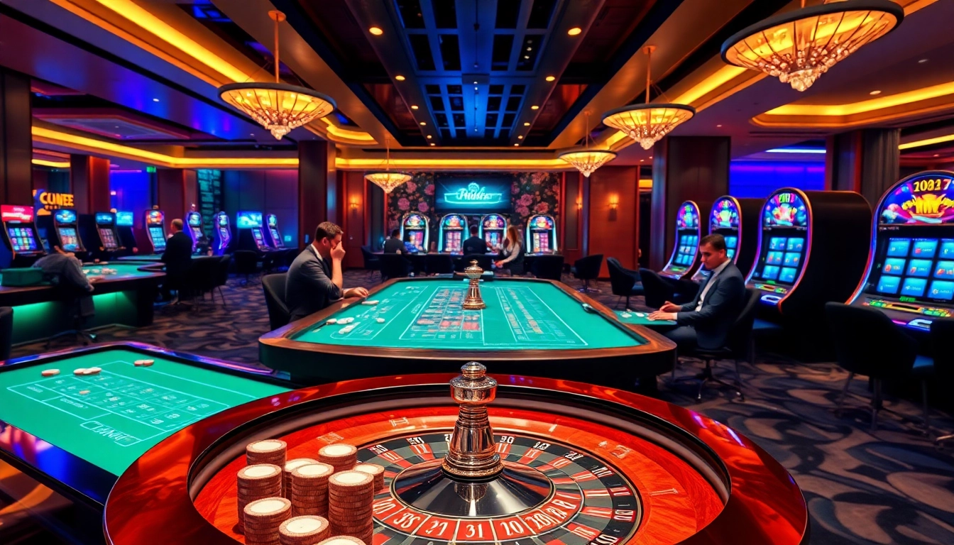 Excited players enjoying games at Nhà cái Hitclub's vibrant online casino, featuring modern tables and slot machines.