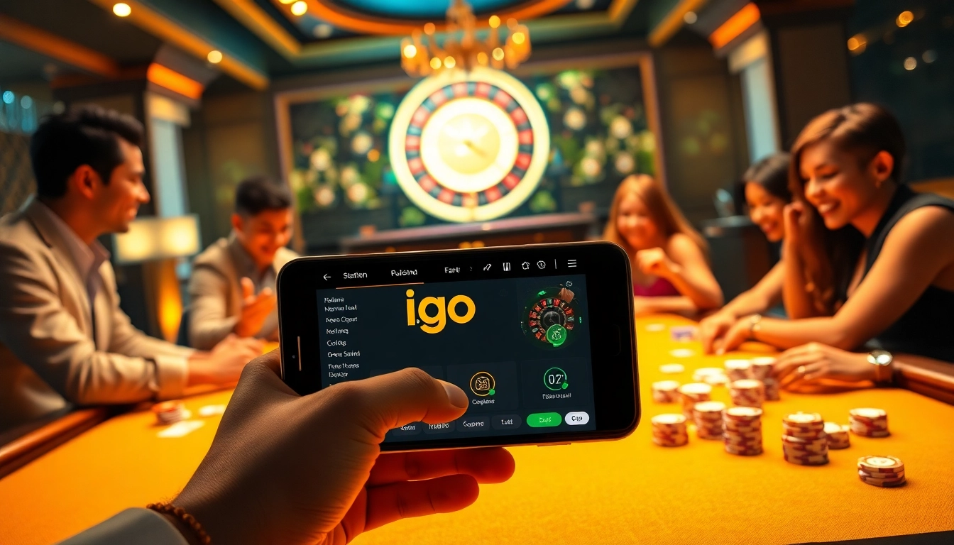 Players enjoying a thrilling poker game while accessing tải go88 on their smartphones amidst a vibrant casino atmosphere.