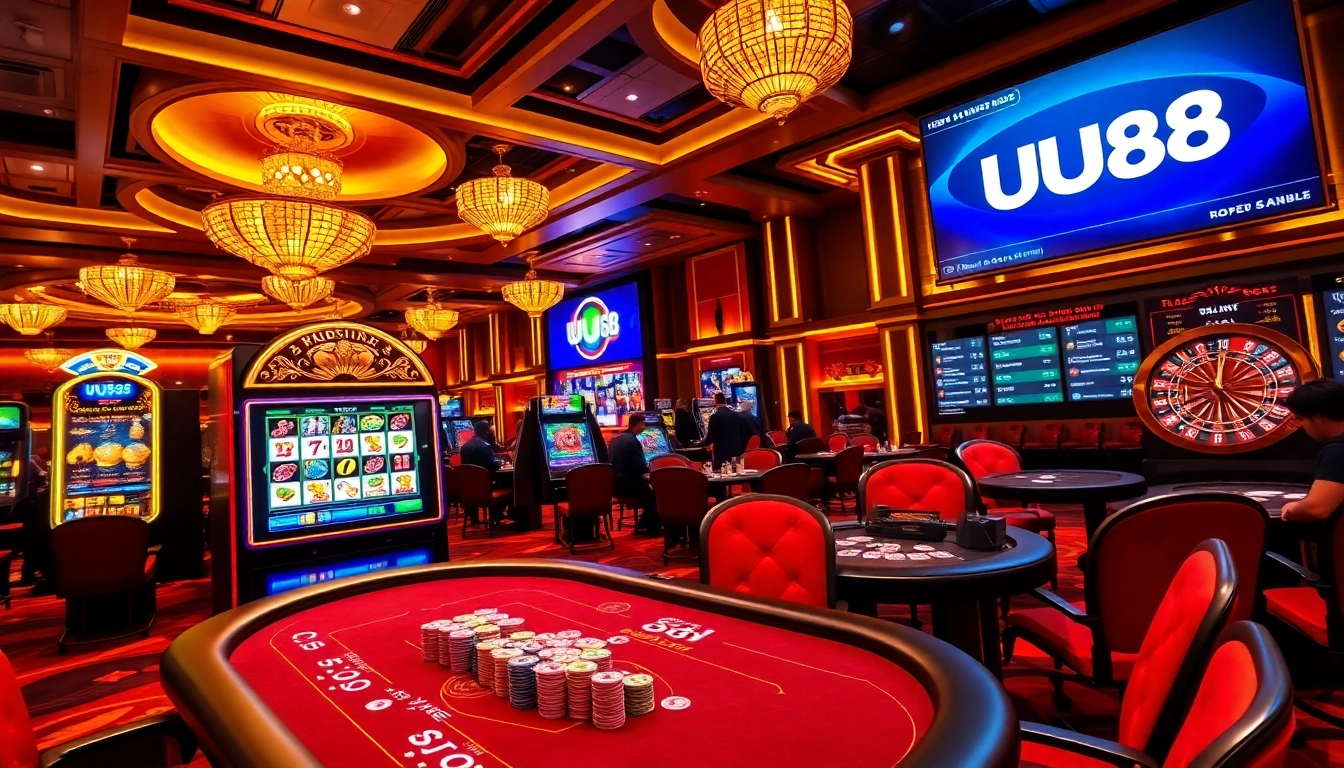 Exciting gambling scene at UU88 with poker tables and slot machines.