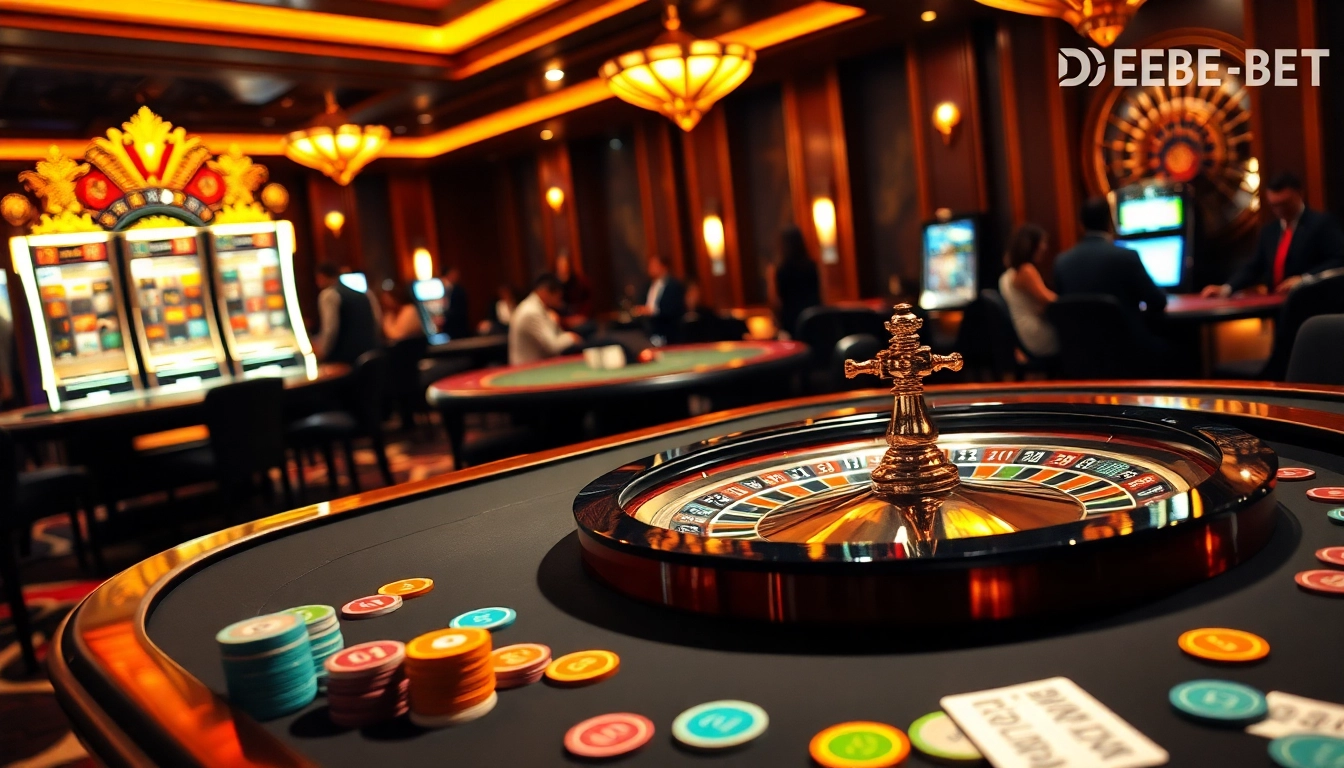 Cổng Game DEBET showcasing an elegant casino atmosphere with vibrant gambling tables and active players.
