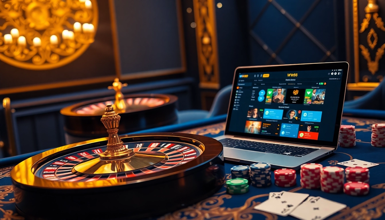Experience thrilling online gaming at https://ww88lap.com/ with an elegant casino setting featuring poker chips and a roulette wheel.