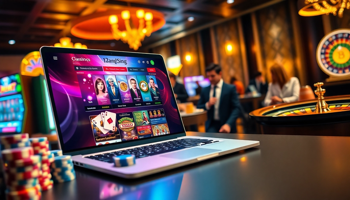 The excitement of gaming at https://123b.ing/ with vibrant casino elements like poker chips and slot machines.