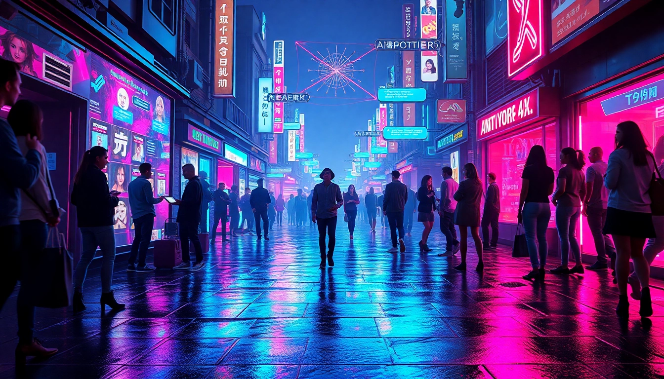 AI chat porn experience in a vibrant digital nightlife, showcasing holographic interactions.