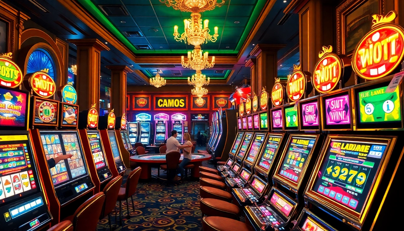 Players enjoying slot gacor machines in a lively casino atmosphere with vibrant colors and excitement.