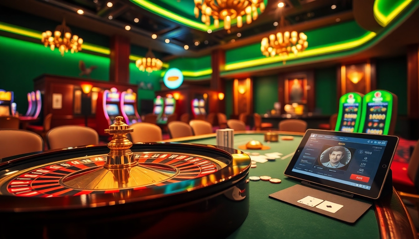 Experience the thrill of gaming at DF999 with a dynamic casino scene showcasing roulette and cards.