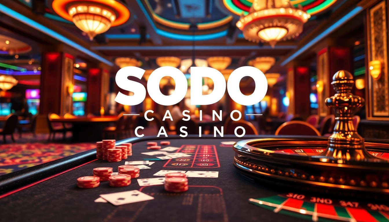 SODO CASINO presents an exciting gambling scene with vibrant poker chips and active players at a roulette table.