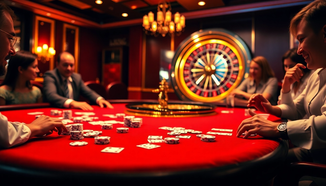 Players engage in thrilling qh88 casino gameplay amidst a luxurious setting filled with poker chips and cards.