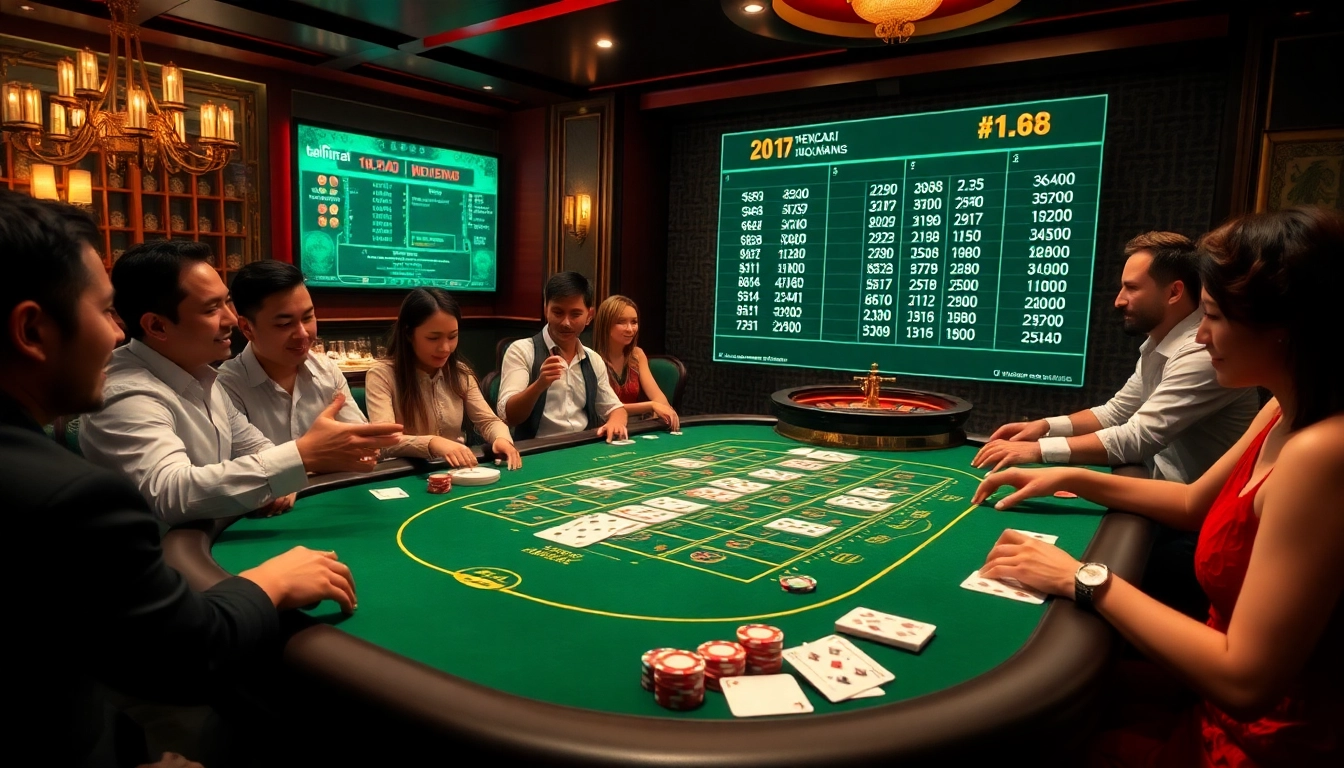 Engaging players at a keonhacai blackjack table surrounded by vibrant gambling elements.