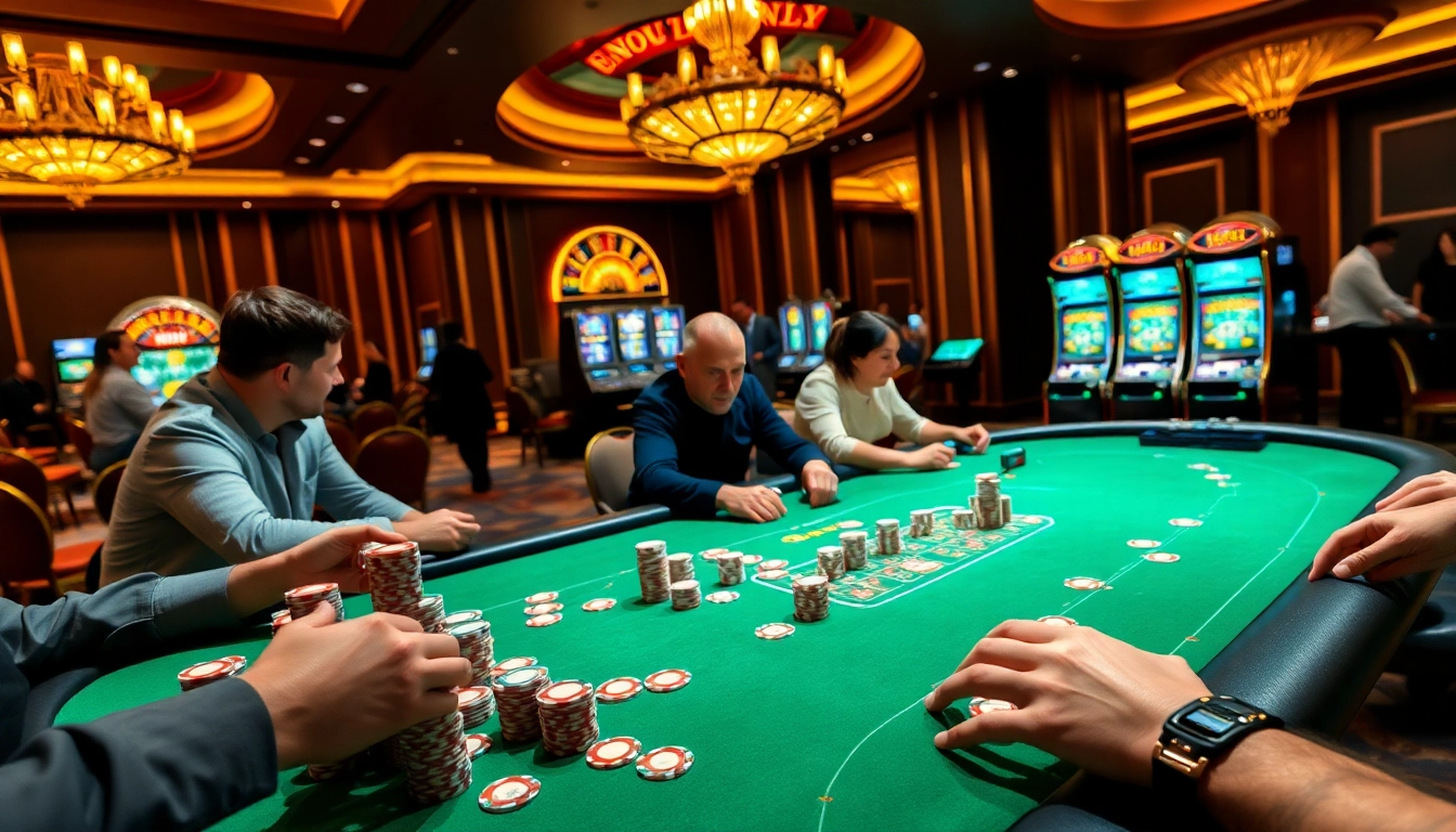 Players strategizing at RR88 poker table, showcasing excitement and luxury in gambling.