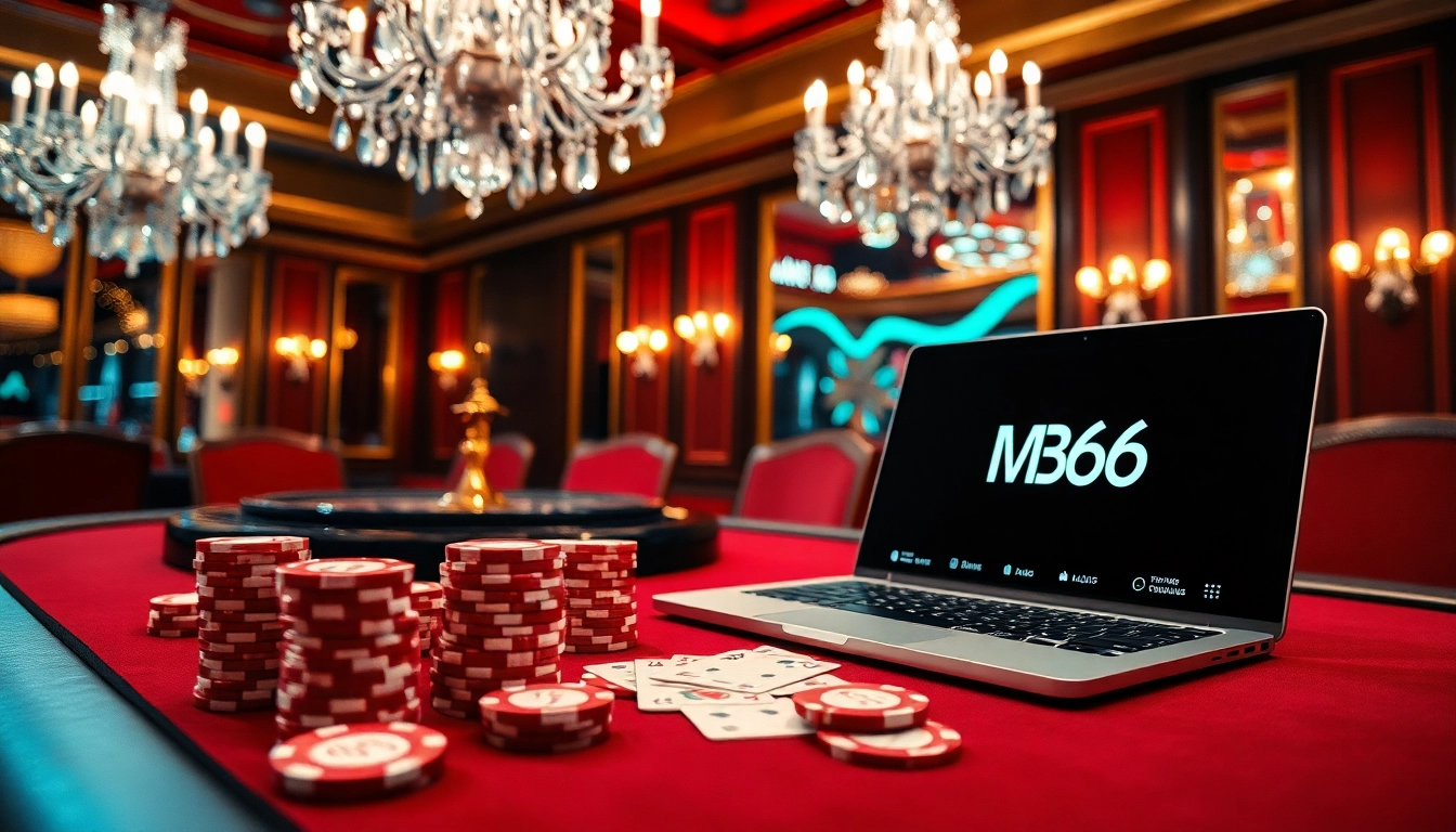 Engaging poker game setup with MB66 branding amidst luxurious casino decor.