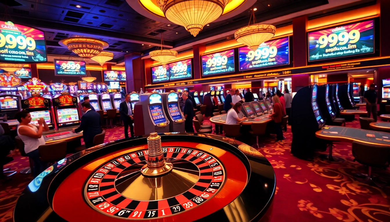 Excited players betting at a luxurious casino floor featuring 99ok.co.im promotions.