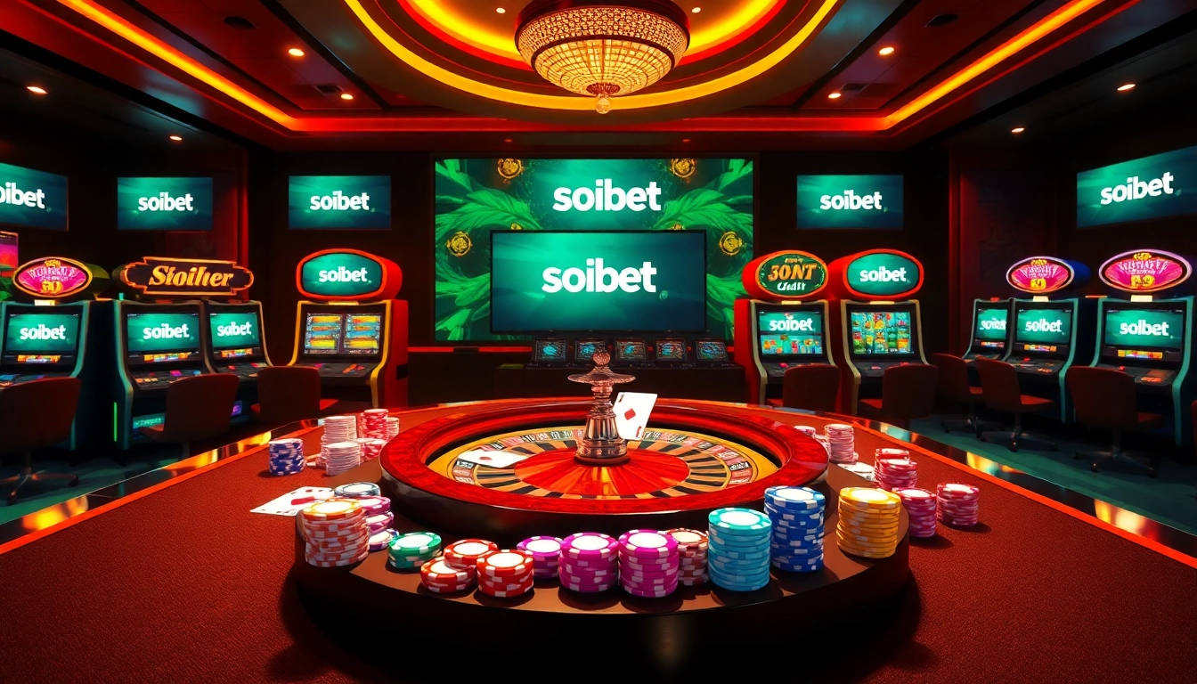 Witnessing the thrill of gameplay at soibet ออนไลน์ with strategically placed poker chips and vibrant slot machines enhancing the atmosphere.