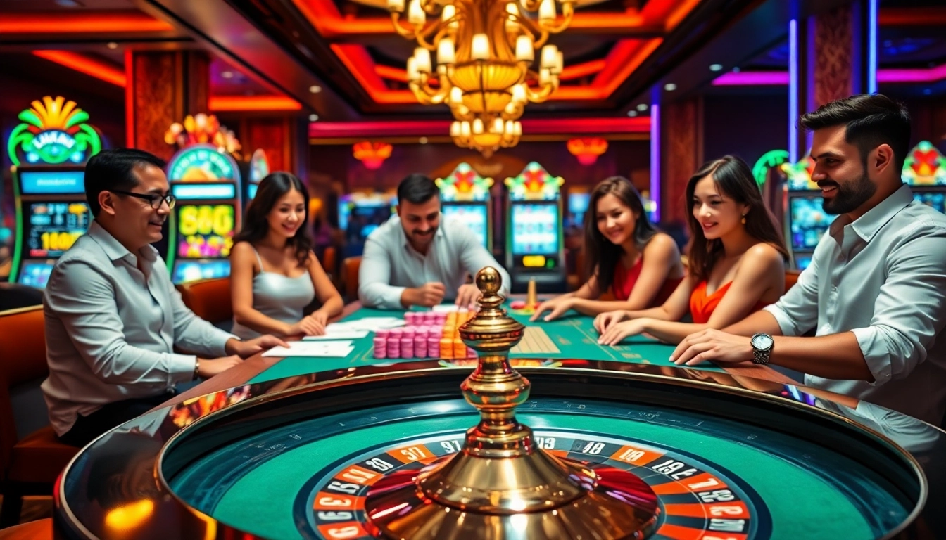Engaged players at a luxurious lô đề uy tín game table with vibrant decor.