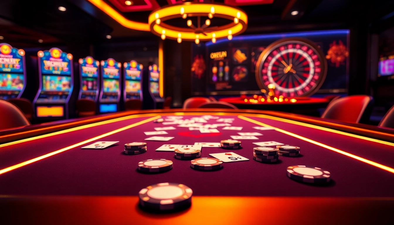 Experience the thrill of high-stakes betting with OKFUN's vibrant casino scene featuring poker tables and slot machines.