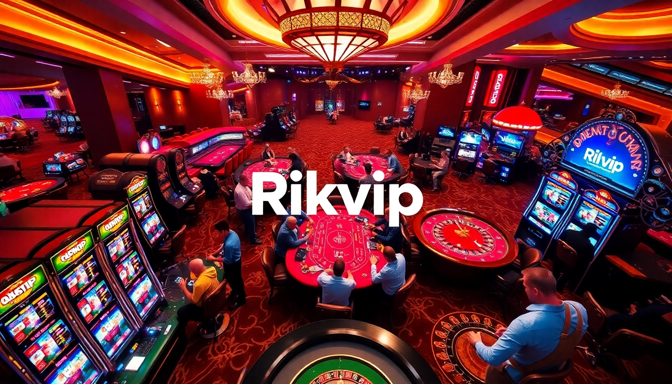 Exciting casino experience with Rikvip logo, showcasing players at poker and slot machines.