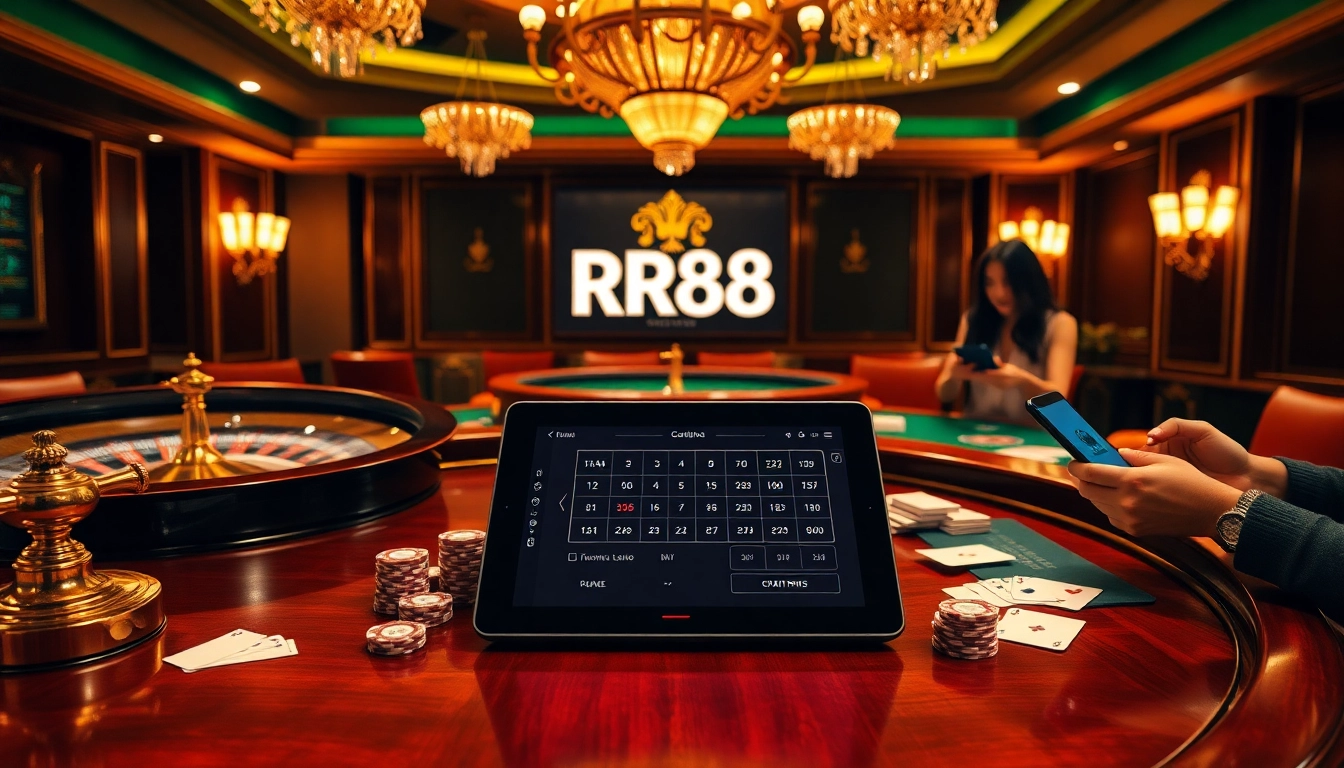 Experience the excitement of online gambling at RR88 with a vibrant casino setting featuring poker chips and roulette wheels.