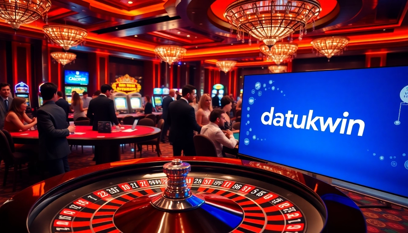 Rasakan sensasi berjudi dengan suasana kasino Datukwin yang penuh warna, menampilkan meja roulette dan poker.