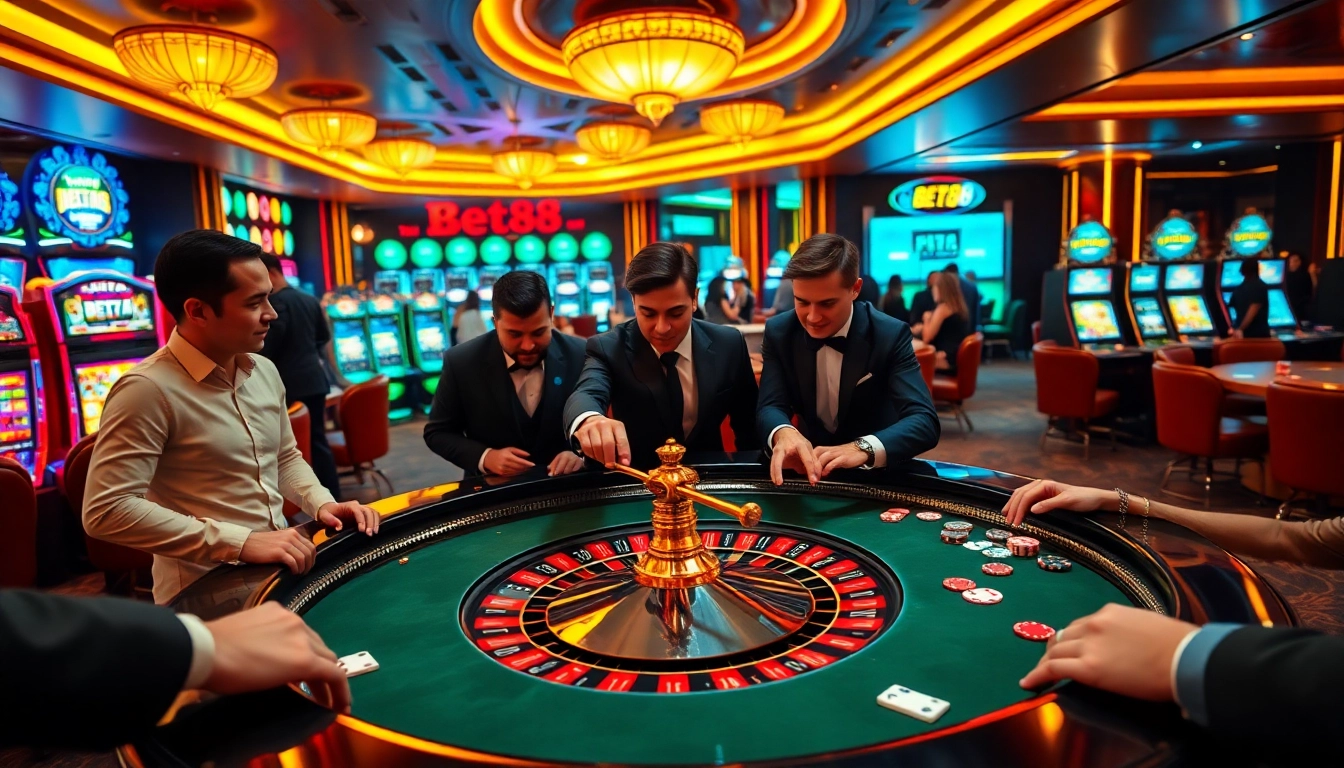 Experience the excitement of gambling at BET88's luxurious casino scene with roulette and slot machines.
