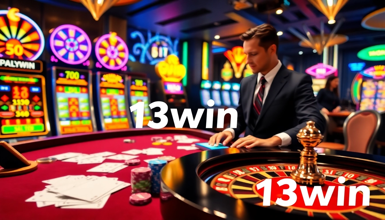 Exciting gambling action at a casino table featuring 13win branded poker chips and cards.