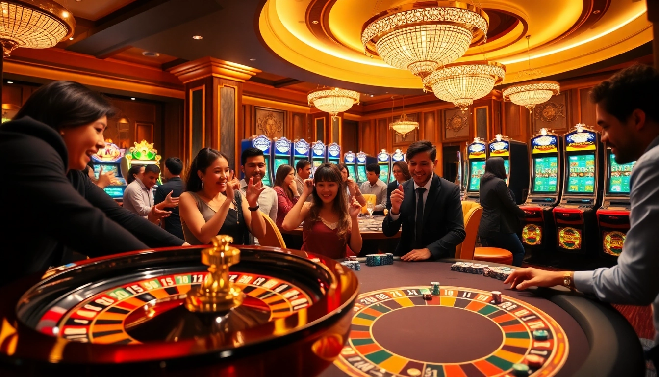 Raja Luck players enjoying a thrilling casino experience with roulette and slot machines.
